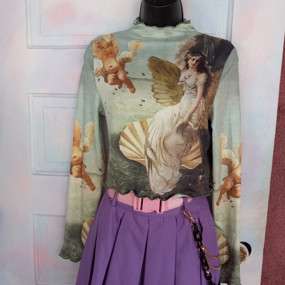 Renaissance angel art silky lettuce edged crop top! Nwot! So cute! - Picture 3 of 9
